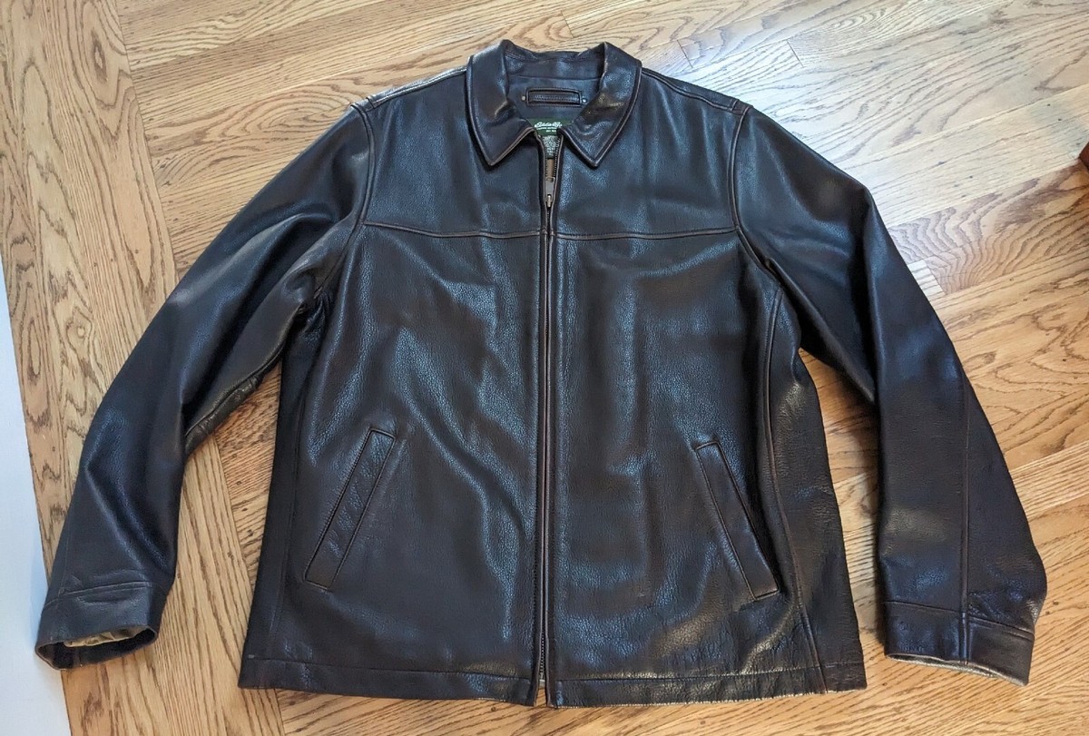EDDIE BAUER Brown Heavy Leather Jacket Men's XL Lined Full Zip | eBay