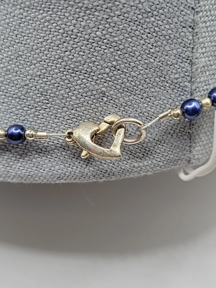 Collar colgante corazón abierto tono plata perla imitación azul pulsera a juego  Foto 4 de 4