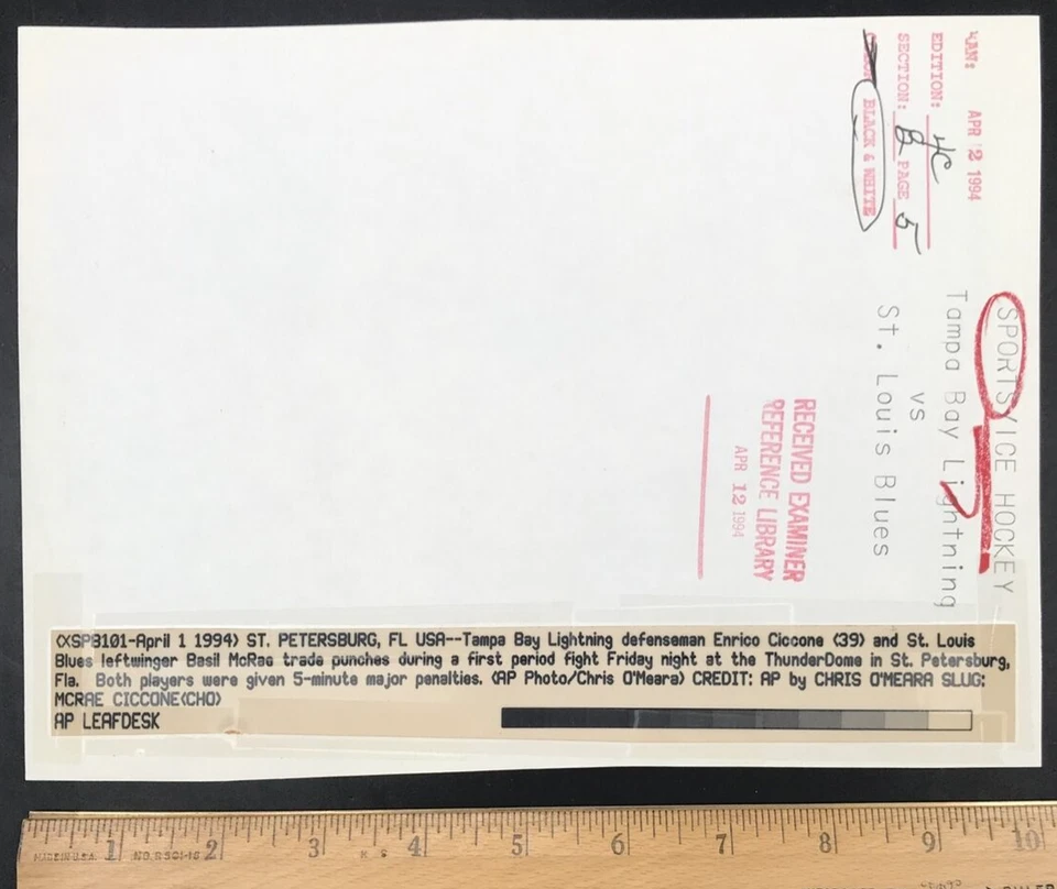 1994 Tampa Bay Enrico Ciccone Fights Blues Basil McRae Laserphoto Press Photo - Image 2 of 2