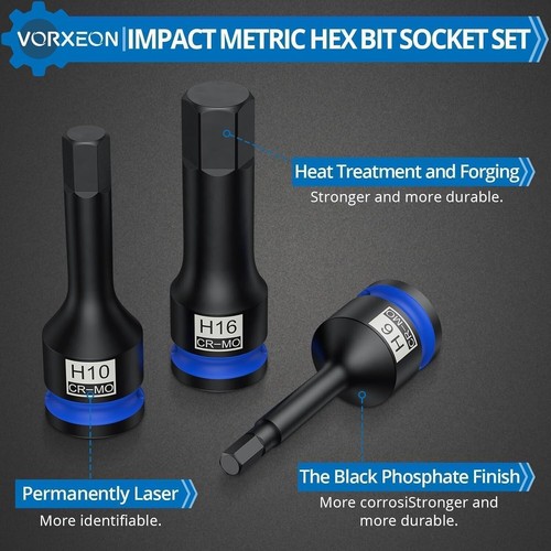 10pcs 1/2 inch Drive Metric Impact Hex Bit Socket Set 42CRMO Hex Socket Set for - Picture 5 of 8