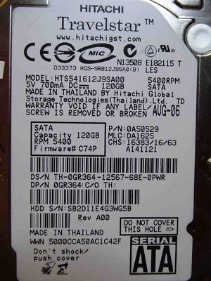 Hitachi HTS541612J9SA00 | P/N: 0A50529 | MLC: DA1625 | AUG2006 | 120GB
