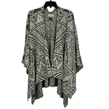 Knox Rose Black Gray Southwestern Aztec Open Shawl Cape Cardigan Sweater S/M