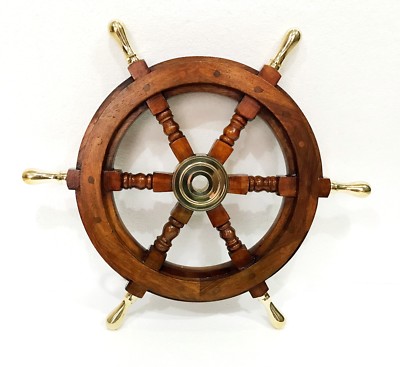 Solid Brass Handle 18'' Wooden Helm Ship Wheel Boat Steering Antique Wall Decor 