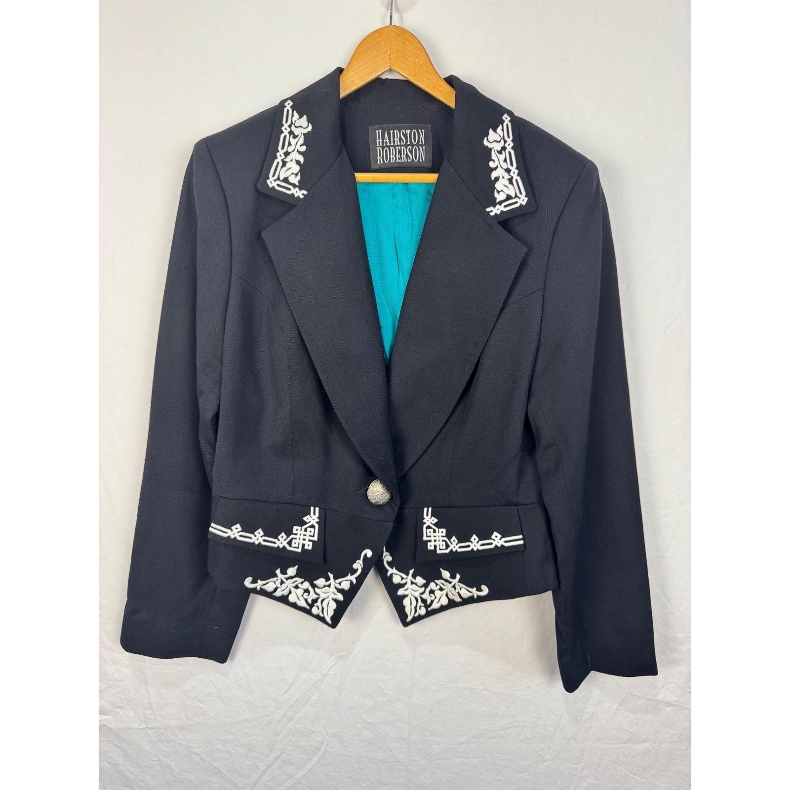 Vtg Hairston Roberson Black Wool Western Blazer Embroidered Cropped Jacket Sz 14 image 3
