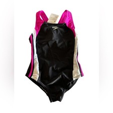 SPEEDO Girls racerback Infinity Splice pink black one piece athletic swimsuit