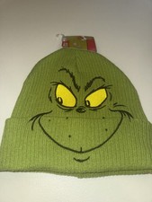 NWT Dr. Seuss The Grinch Embroidered Face Cuffed Knitted Cap Beanie One Size