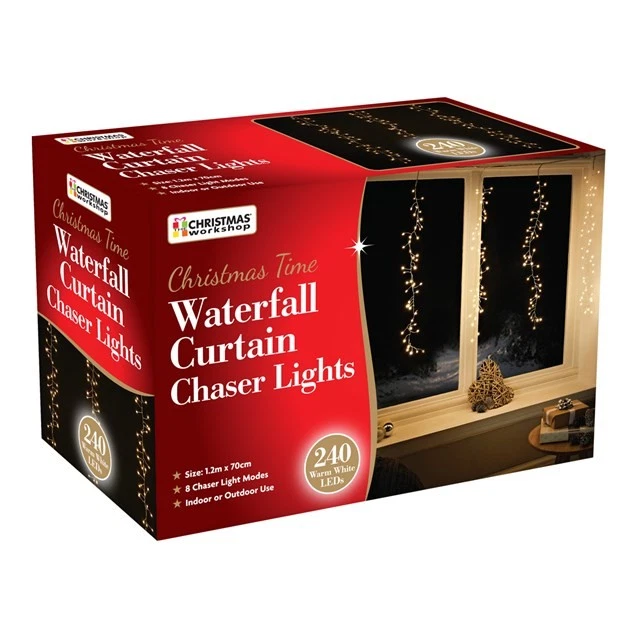 240 LED Warm White Waterfall Curtain Chaser Lights 1.2 m x 0.7 m Indoor/Outdoor - Image 2 of 4