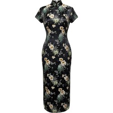 Vintage Black Floral Brocade Qipao Cheongsam Dress Womens S-Medium Maxi Slit