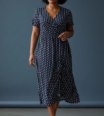 NWT Lane Bryant Navy and White Polka Dot Wrap Midi Dress Size 18/20