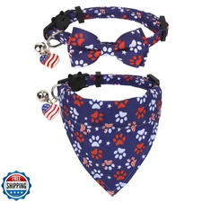 PTDECOR American Flag Cat Collar Breakaway with Cute Bow Tie Bell