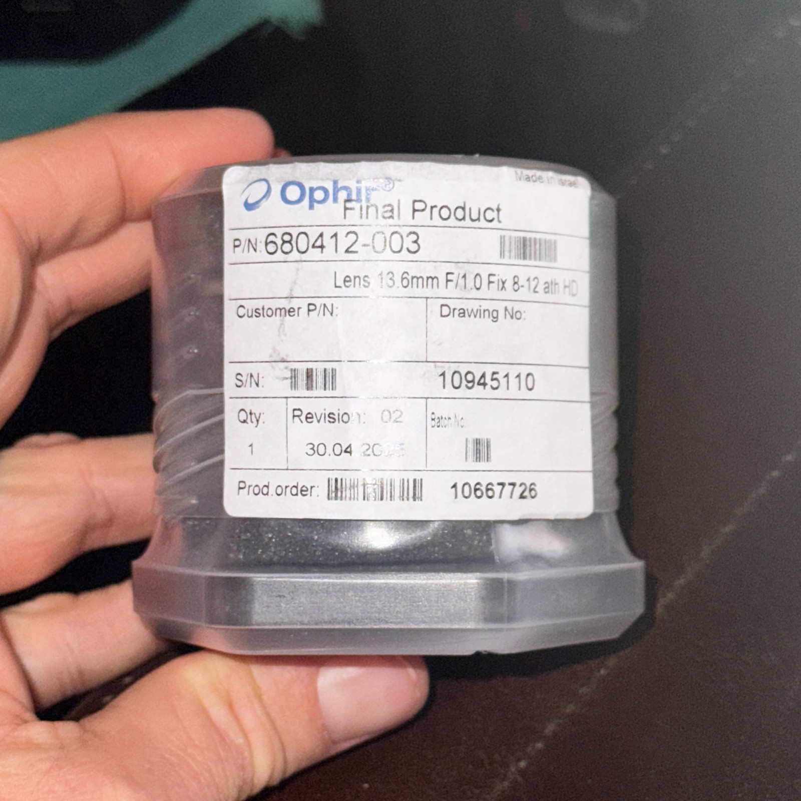 OPHIR SupIR 13.6mm f/1.0, Fixed Athermalized LWIR lens PN 680412 - M18x0.5