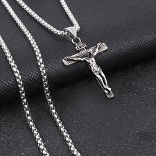 Stainless Steel Plain Silver Jesus Cross Crucifix Pendant Necklace Mens & Womens