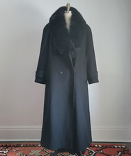 VTG 100 WOOL LONG COAT w/ MASSIVE GENUINE FOX FUR COLLAR  SOFTLY PLEATED BACK