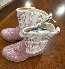 Kids Pink Glitter Western Mid-Calf Boots Zipper Round Toe US 6.5 Faux Leather