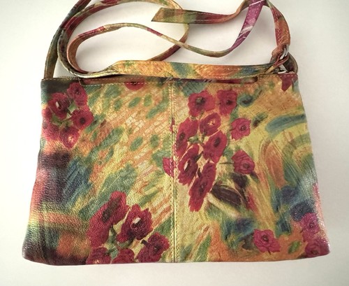 HOBO Leather Mara Crossbody Shoulder Bag Pink Yellow Floral Watercolor Zip EUC! - Picture 2 of 12