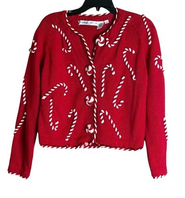 Vintage Michael Simon Christmas Candy Cane Button Front Sweater Red White Size S