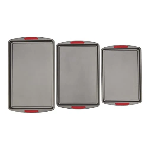 GOODCOOK MEGAGRIP SET OF 3 NONSTICK COOKIE SHEETS, SILICONE HANDLES - GRAY
