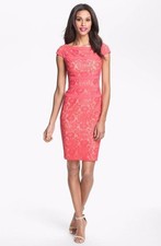 Adrianna Papell Lace Sheath Dress Sz 4 Pink Coral