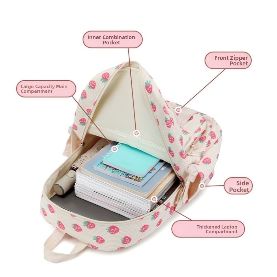 Strawberry Print Corduroy Kawaii Backpack Easy Organized Middle School ...