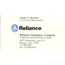 Reliance Insurance Company Stephen Blechman Houston TX Business Card STK2-BC3-1