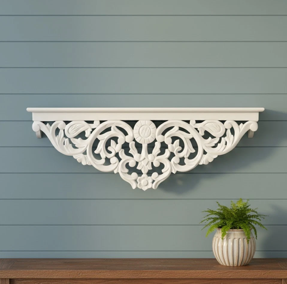 Antique Solid Wood Wall Shelf | Hand Carved Vintage Rustic Hanging Shelf Home...