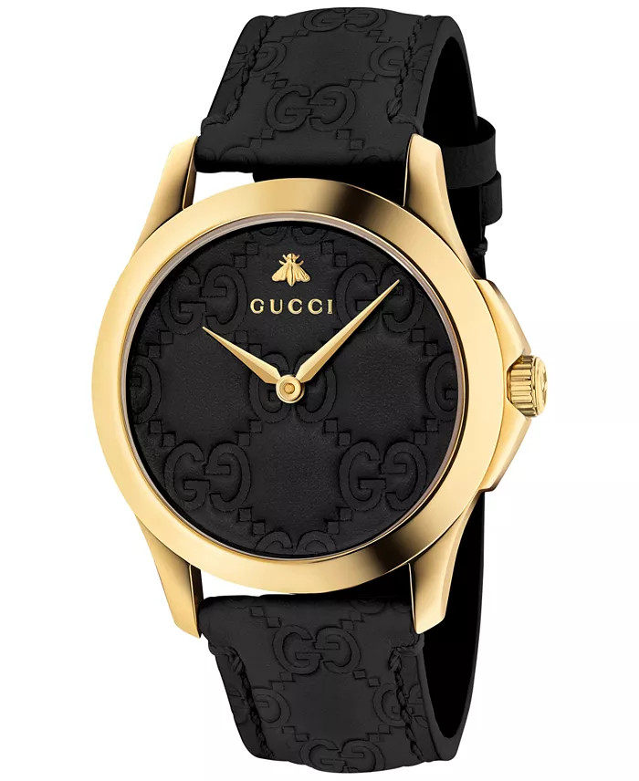 Gucci G-Timeless YA1264034A Black GG Leather Gold Tone 38mm Swiss Watch New