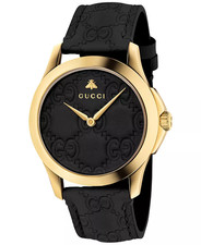 Gucci G-Timeless YA1264034A Black GG Leather Gold Tone 38mm Swiss Watch New