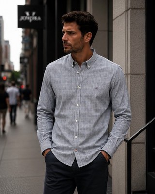 Tommy Hilfiger Gingham Check Shirt Mens Navy Blue White Slim Fit Size L