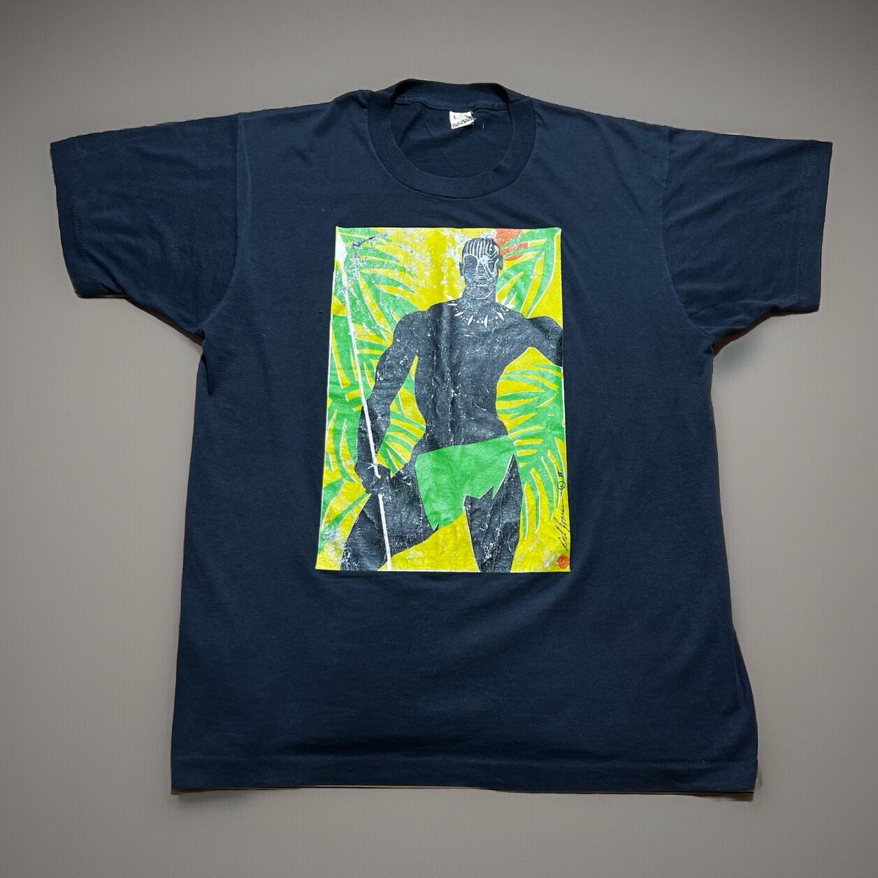 Vintage 80s Rick Jones Black Panther African Warrior Art Tee Size L