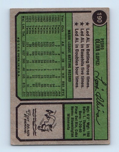 1974 Topps #190 Tony Oliva Excellent - Picture 2 of 2