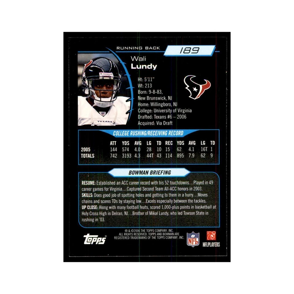 2006 Bowman Wali Lundy Football Cards #189 - Image 2 of 3