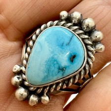 Navajo Natural Turquoise Ring Sz 7.5 Sterling by M Spencer 9.5g Hand Stamped