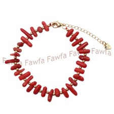 Natural 3-10mm Red Coral Gemstone Irregular Gravel and Gold Bead Bracelet 7.5"