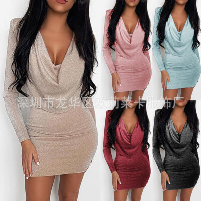 Spring and Autumn Women's Solid Color Slim Fit Sexy V-Neck Long Sleeve Hip  Dress