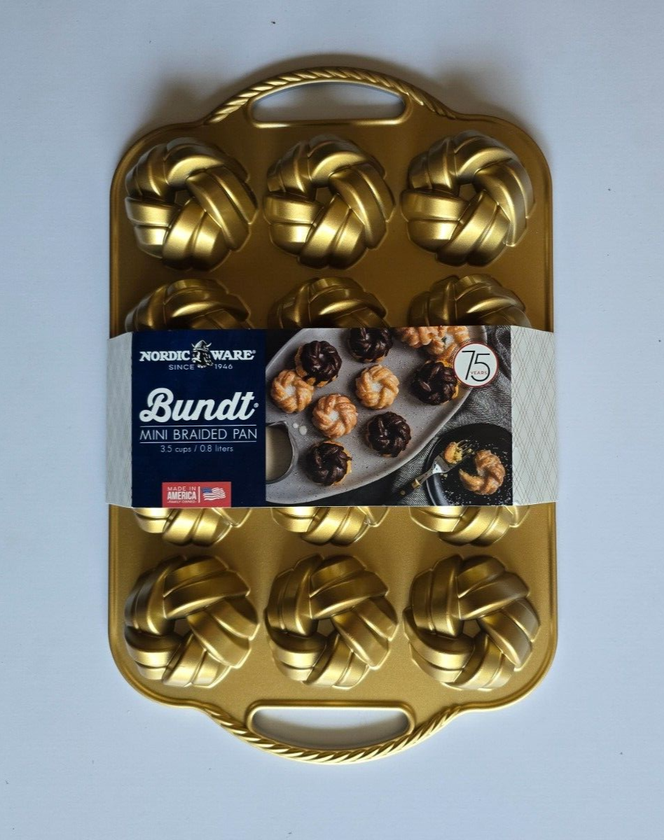 Nordic Ware 75th Anniversary BRAIDED MINI BUNDT Pan Gold NEW