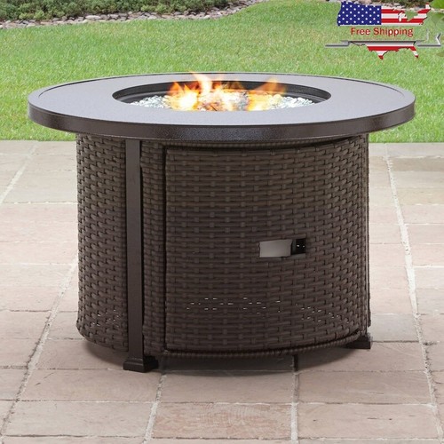 Round Propane Gas Fire Pit Table W/ Glass Beads Metal Lid & Cover 50000 BTU New