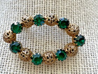 Vintage Brooch Pin Emerald Color Rhinestones & Gold Tone Beads