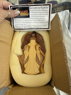 Carver Dan's Hand-Crafted Angel Wood Puzzle Box Trinket Box Hidden Comp.  NIB  