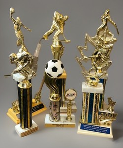 Lot of 6 Various Trophies- Basketball, Baseball, 2 Hockey, and Soccer