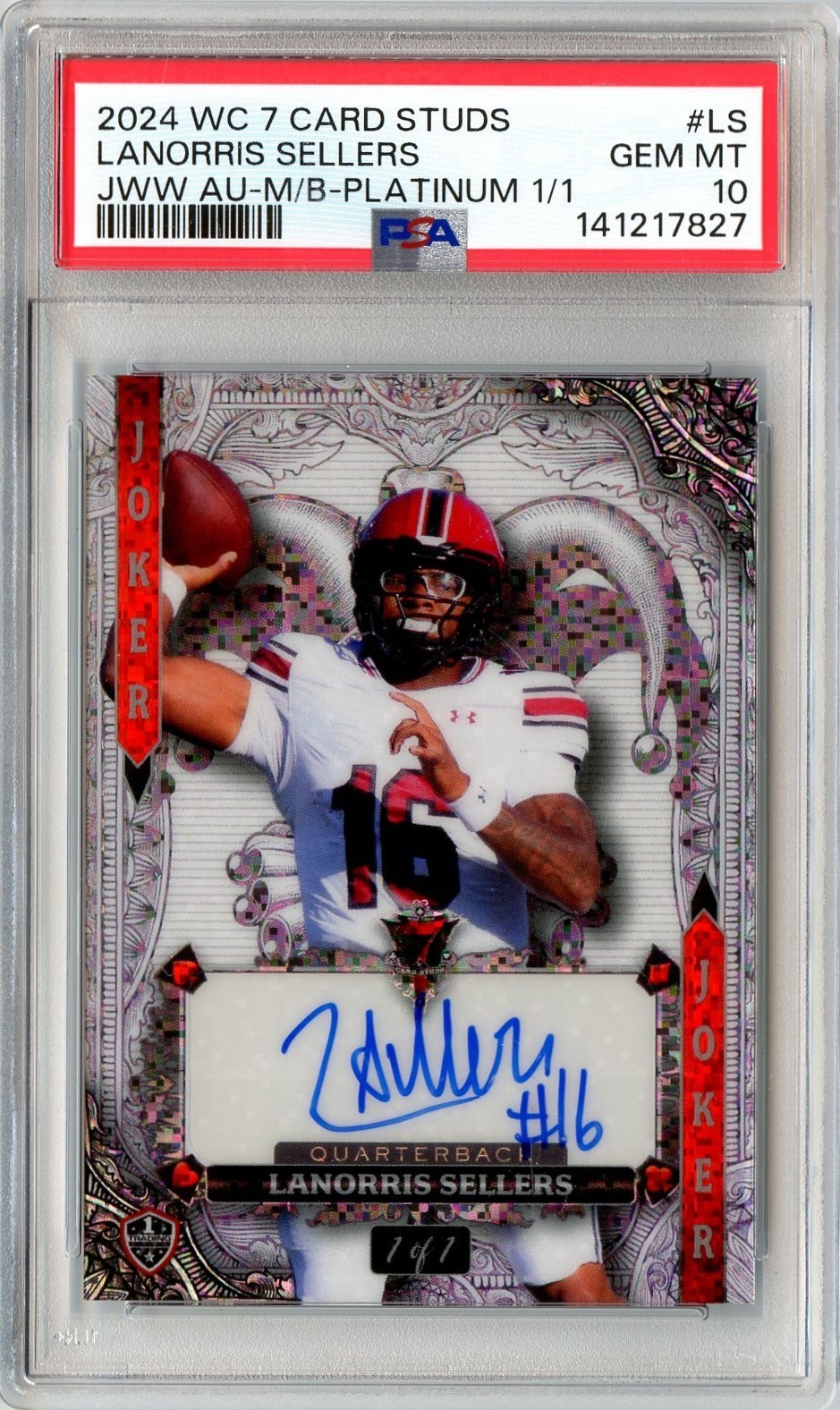 LANORRIS SELLERS 2024 WILD CARD JOKER PLATINUM SPARKLE ROOKIE RC AUTO 1/1 PSA 10
