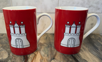 Hamburg Germany Castle Mugs Set of 2 Hanse Flag Porcelain Coffee Tea Red & White