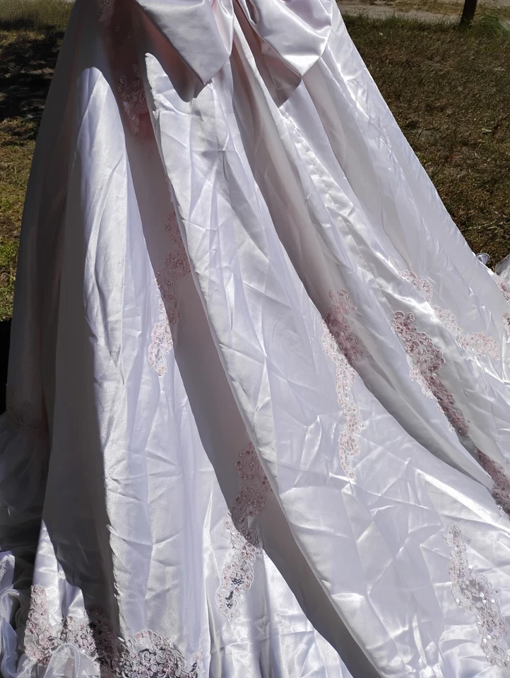 Vintage  Blush Pink Lightest Pink Train Puffy Sleeves Wedding Dress High Neck  - Image 2 of 4