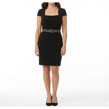 Adrianna Papell Black Belted Beaded Dress 12P Square Neck Eveningwear