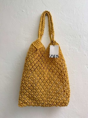 New Zara Woman Yellow Tote Shoulder Bag Woven Macrame Knit Open Weave