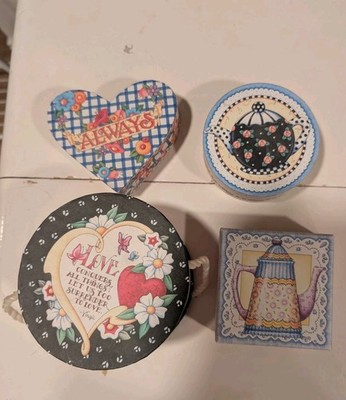 Michel Design Works Set of 4 Floral & Teapot Trinket Boxes Cardboard With Lid