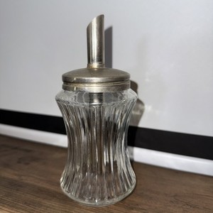 BMF N Glass Sugar Shaker with Spout & Lid Vintage 6.5” tall Hourglass Ribbed.
