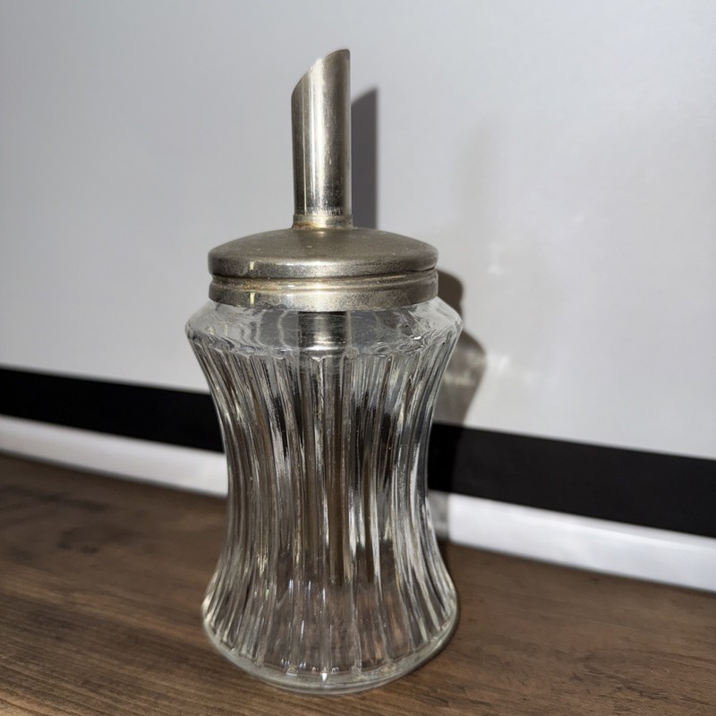 BMF N Glass Sugar Shaker with Spout & Lid Vintage 6.5” tall Hourglass Ribbed.