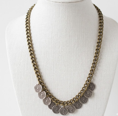 Brass Tone Chain Flat Disk Charms Necklace Etruscan Egyptian Revival style
