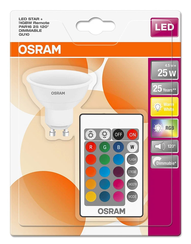 Osram LED Reflektor 4,5W = 50W GU10 RGBW bunt & Fernbedienung FS dimmbar 120° - Bild 3 von 3