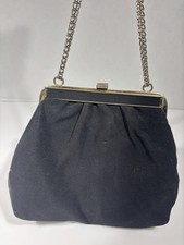 Vintage Black Purse W/Silver/gold Hinged Frame Chain Strap Evening Bag